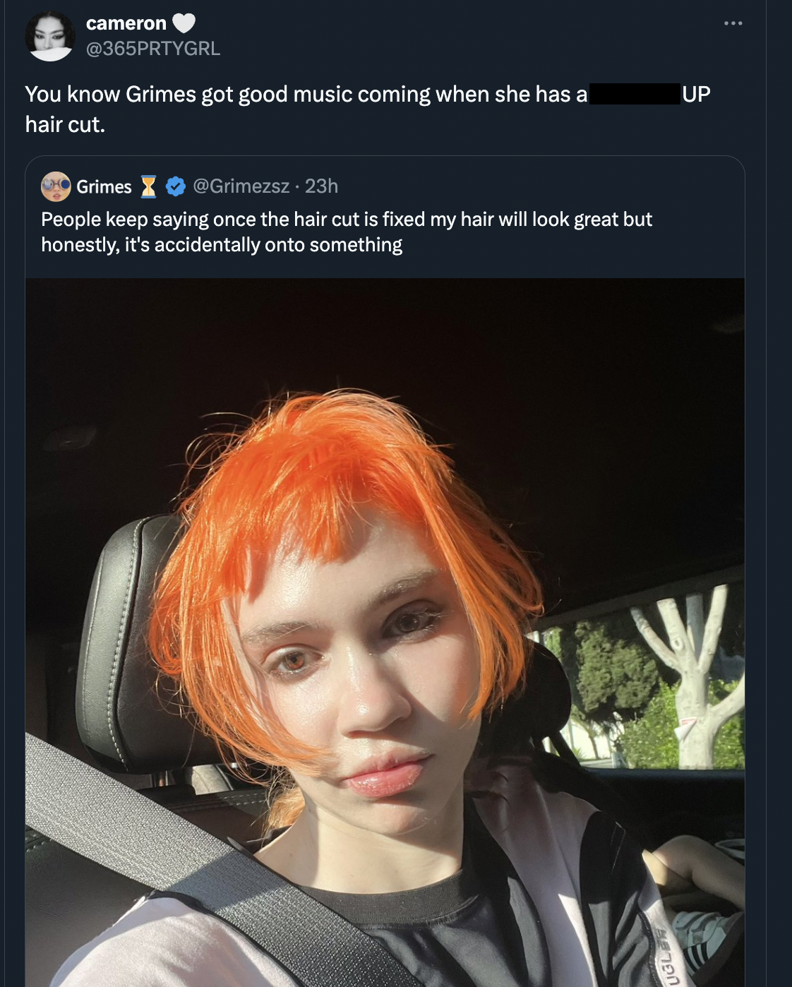 girl - cameron You know Grimes got good music coming when she has a hair cut. Grimes Grimezsz. 23h People keep saying once the hair cut is fixed my hair will look great but honestly, it's accidentally onto something Up